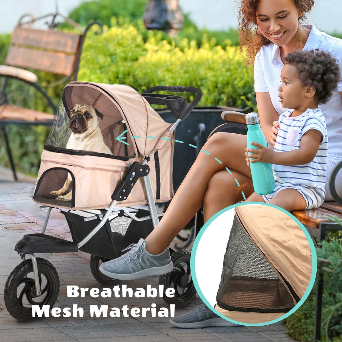 3-Wheel Dog Stroller with Storage Basket and Cup Holders, Tan P664695