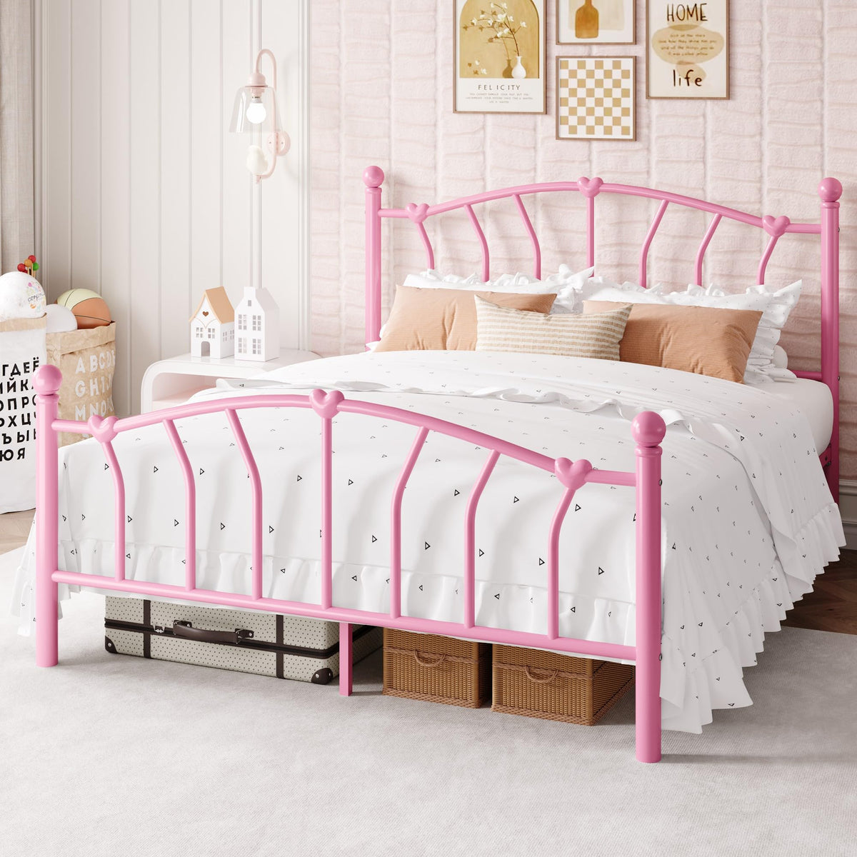 Full Size Pink Metal Platform Bed Frame O184333