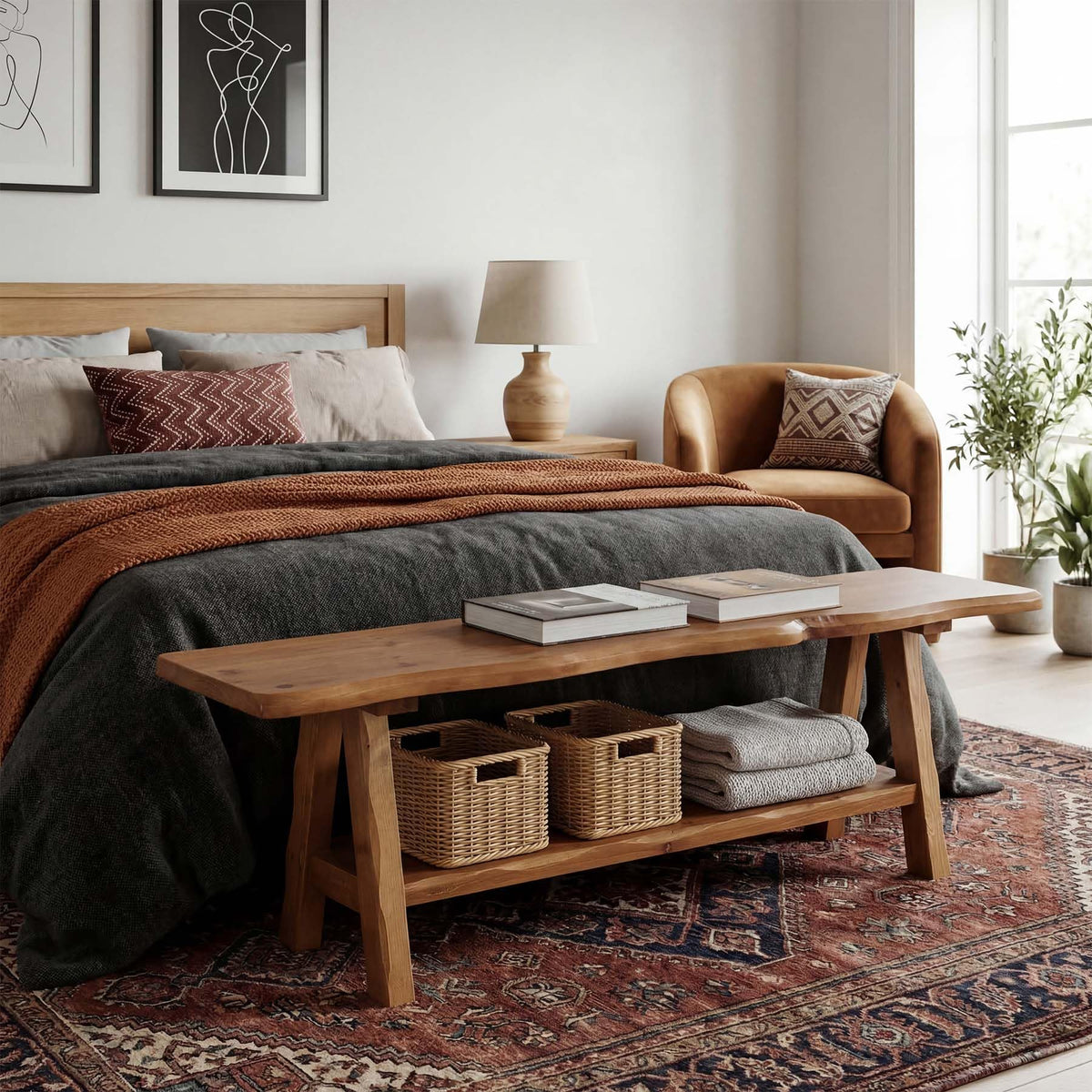 Brown Solid Wood Entryway Bench F5085