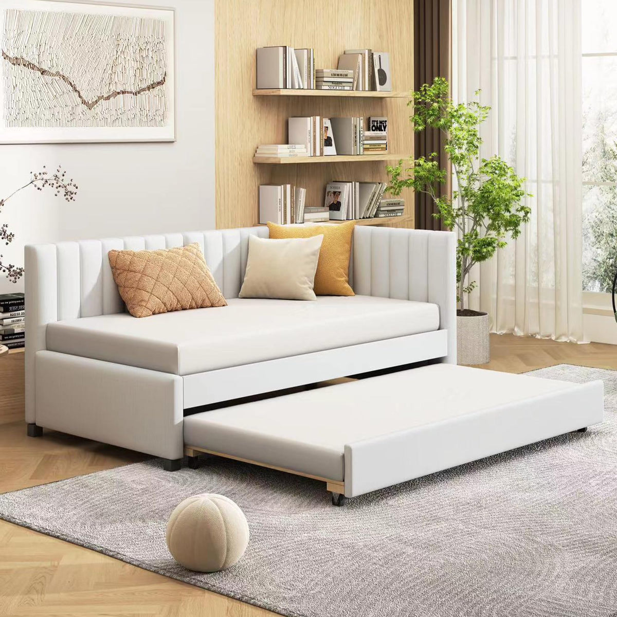 Upholstered Twin Daybed with Trundle, Linen Fabric, Beige P822608