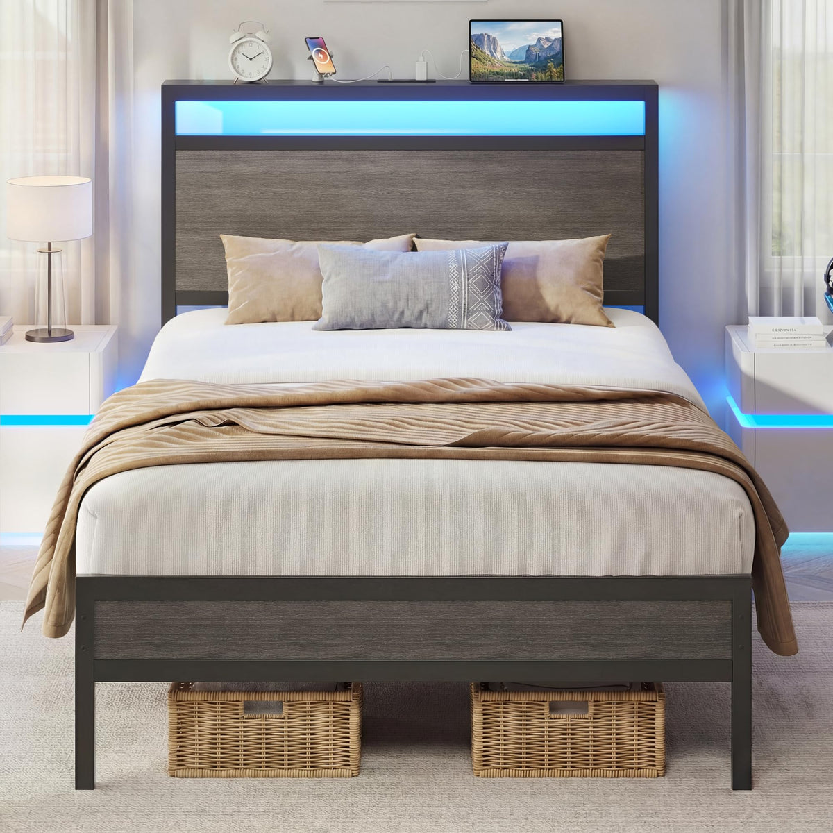 Twin Bed Frame with Headboard & Footboard, Charging Station & LED Light, Rustic Grey A49901