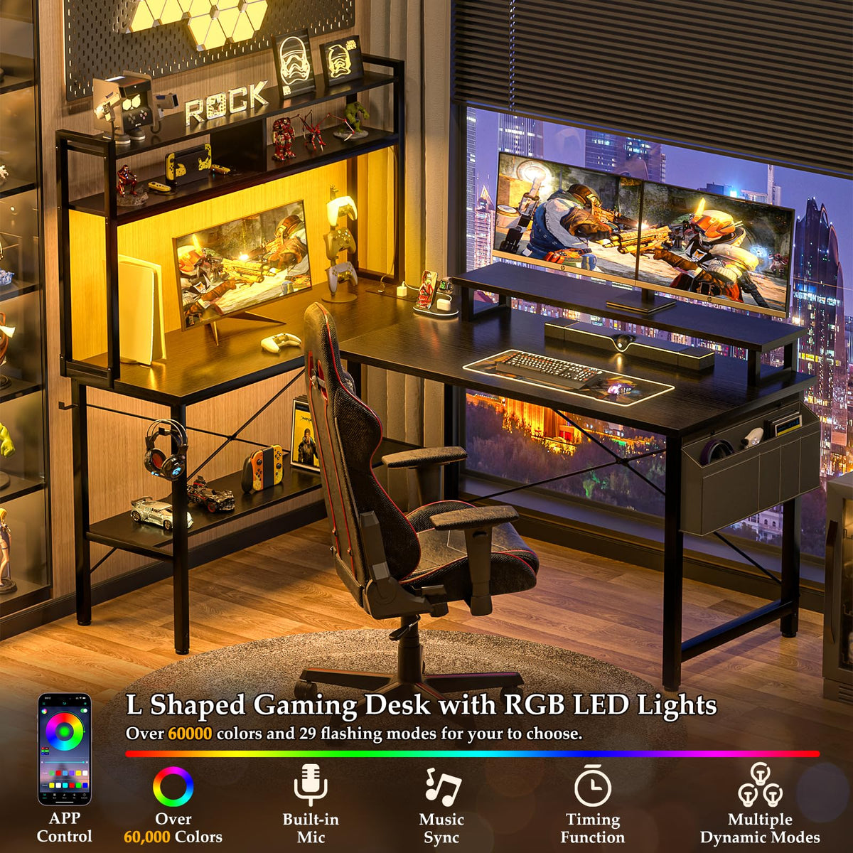 L Shaped Gaming Desk with Power Outlets & LED Lights, Black A220