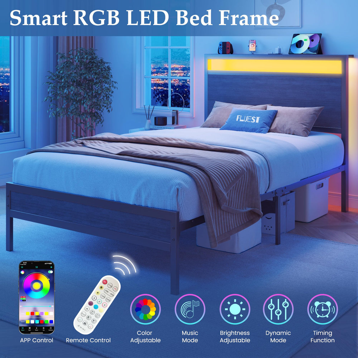 Twin Bed Frame with Headboard & Footboard, Charging Station & LED Light, Rustic Grey A49901