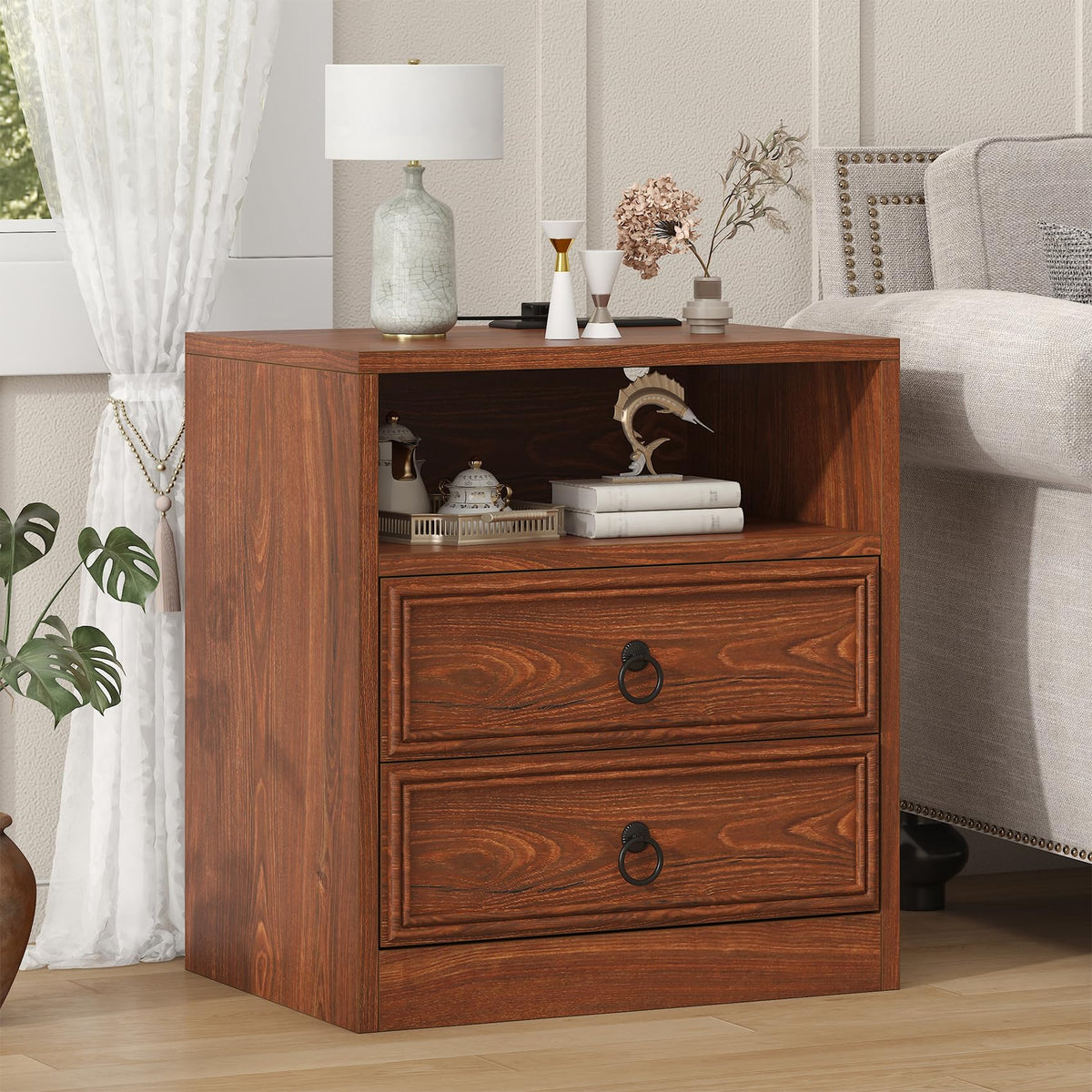 21.7" Wide Cherry Wood Nightstand with 2 Drawers J8797