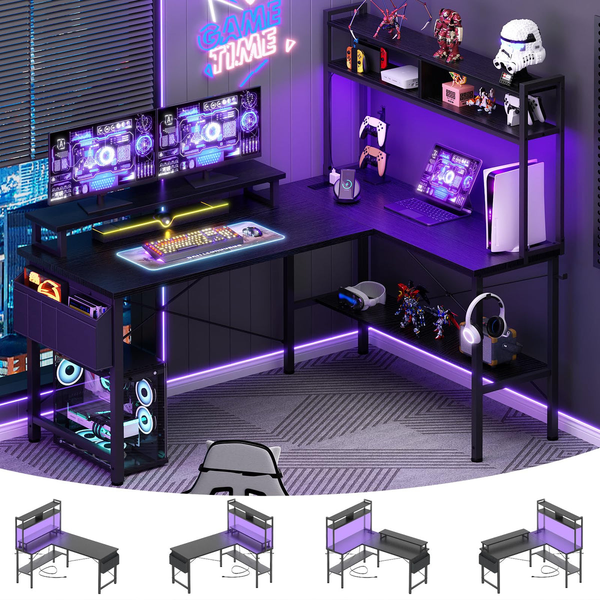 L Shaped Gaming Desk with Power Outlets & LED Lights, Black A220