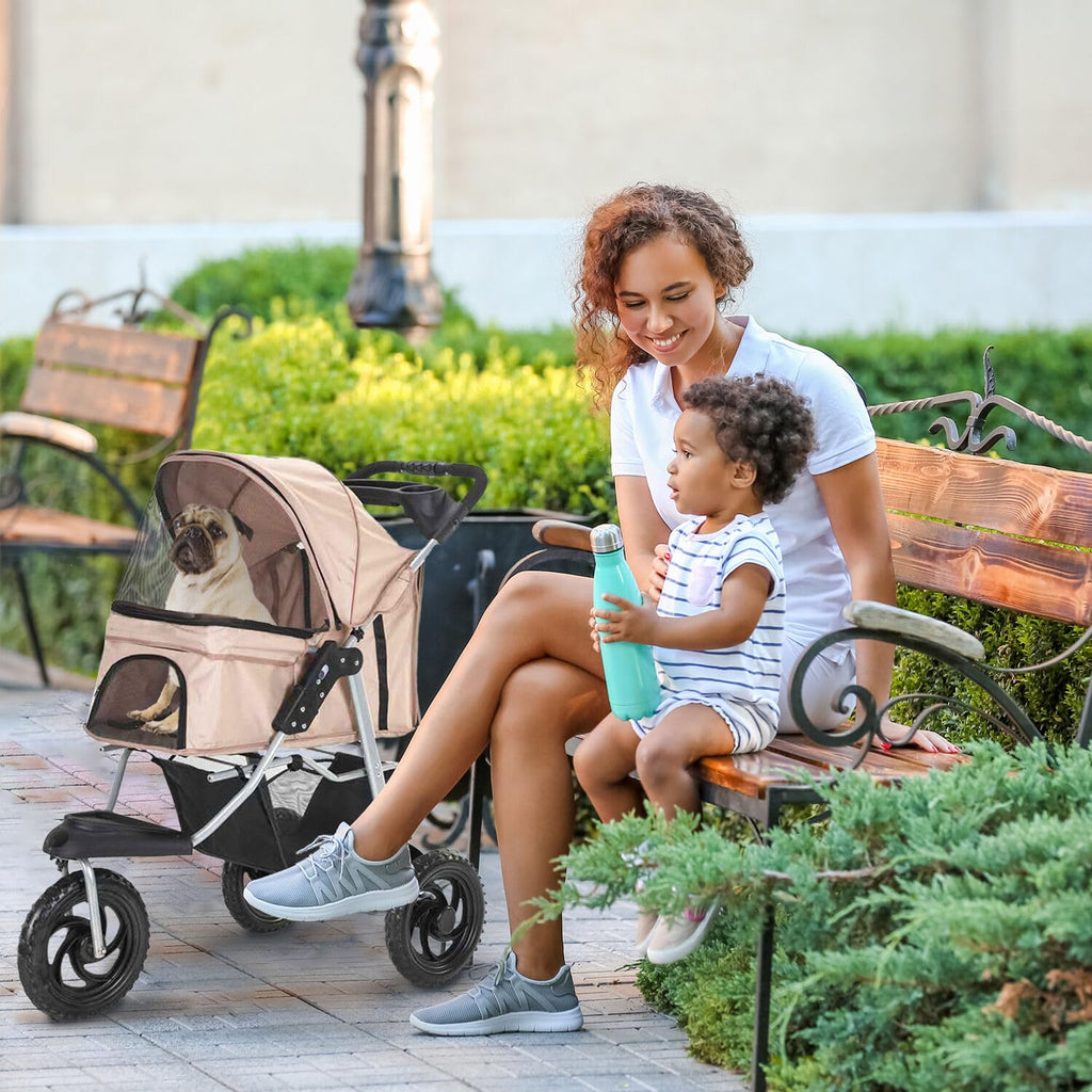3-Wheel Dog Stroller with Storage Basket and Cup Holders, Tan P664695