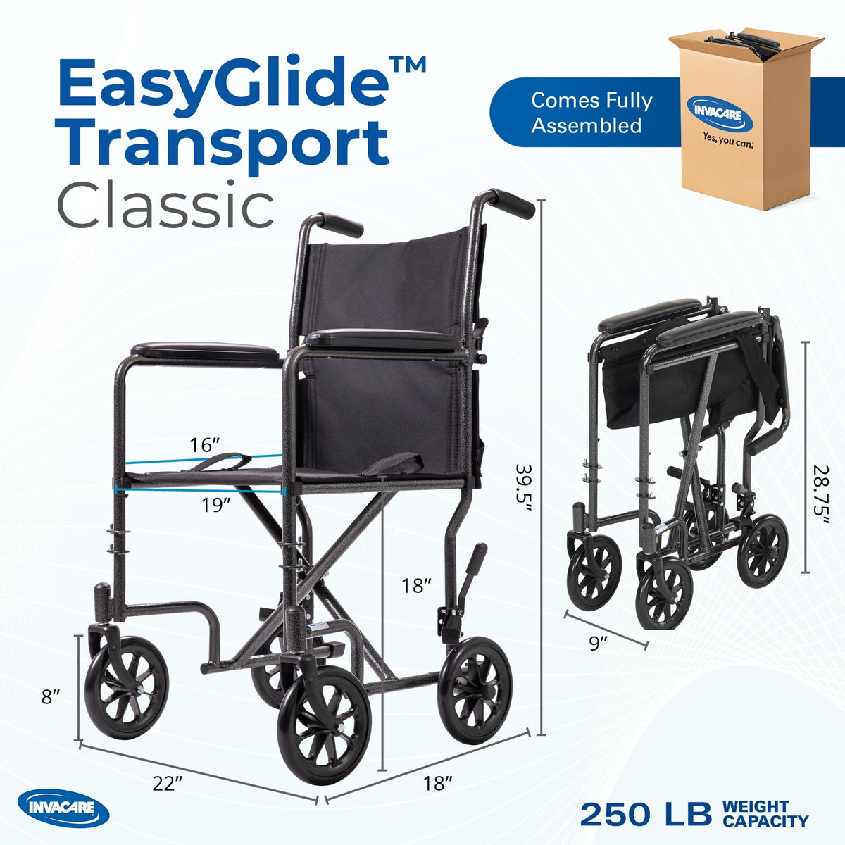 Compact Lightweight Steel Transport Wheelchair with 19in Seat W9130