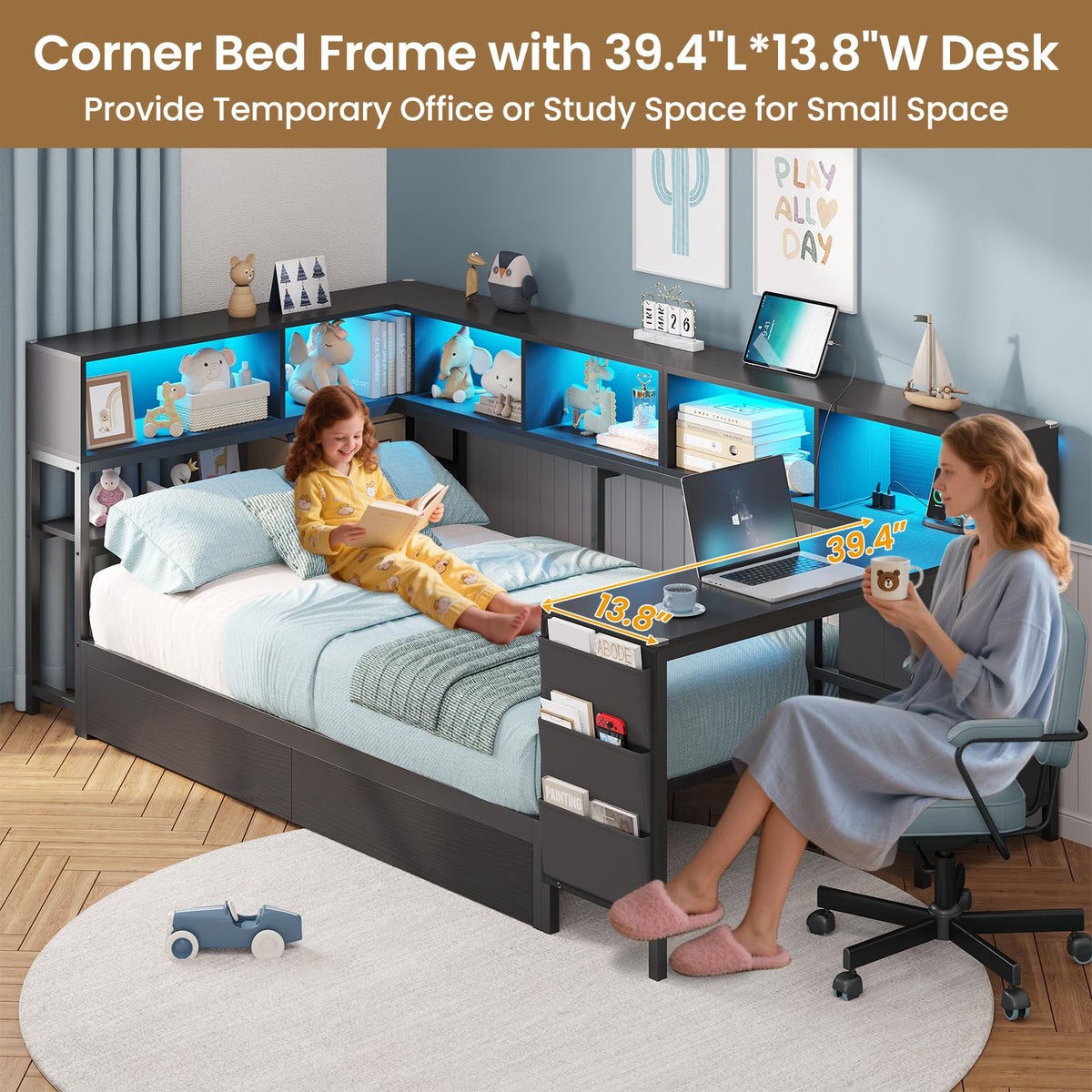 Black Twin Size Corner Bed Frame with Desk and Storage A2346