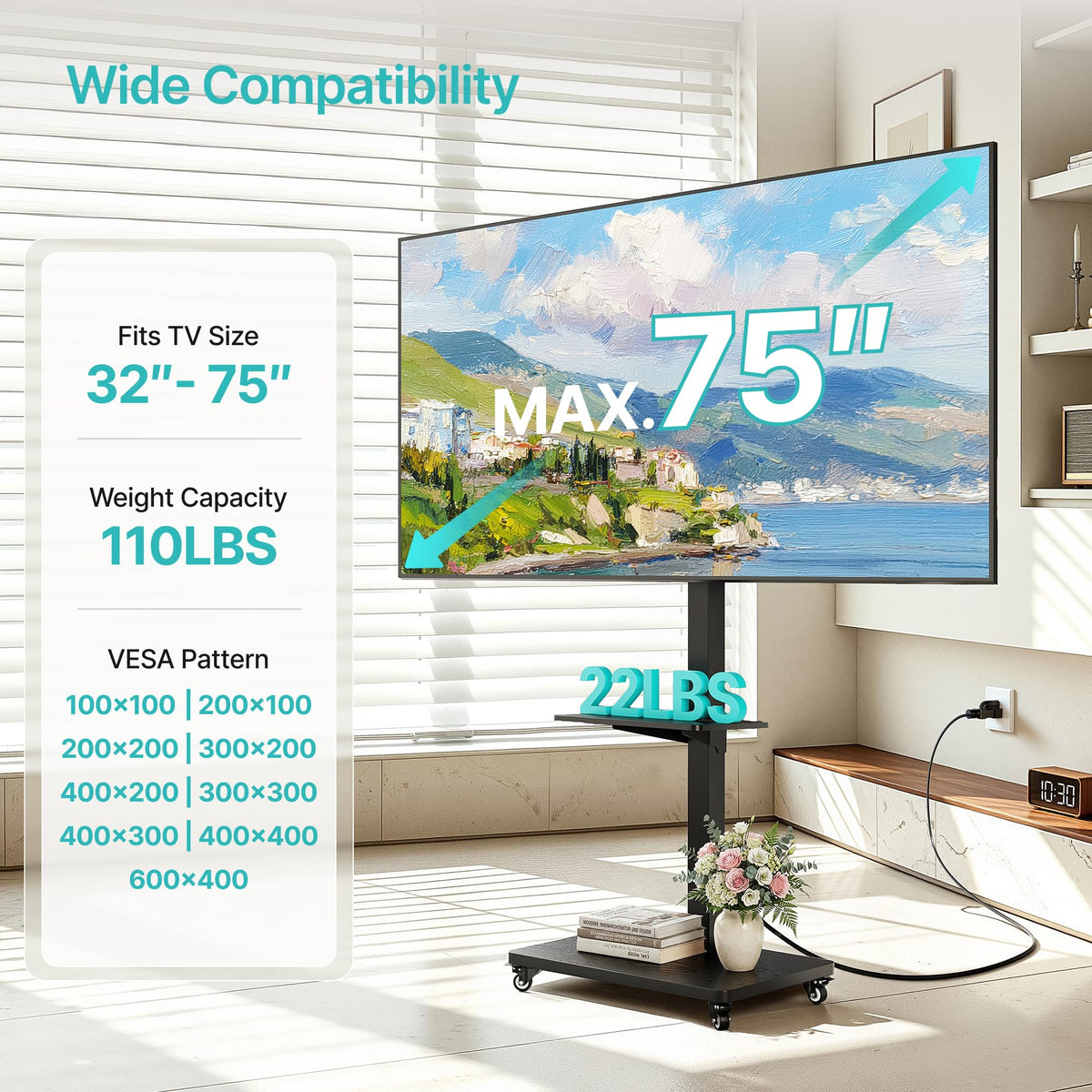 Rolling TV Stand with Power Outlet for 32-75 Inch TVs Y2910