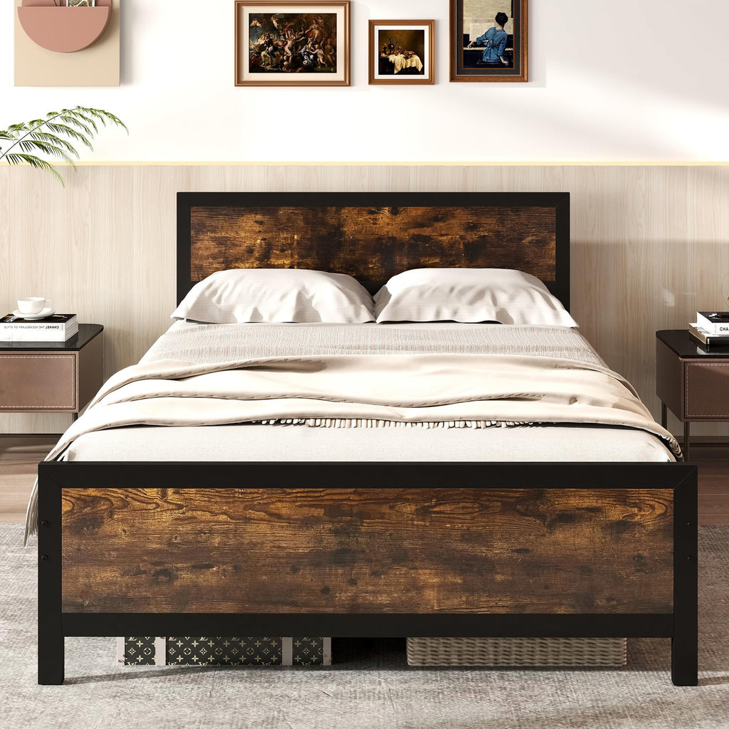 Metal Full Size Platform Bed Frame with Wood Headboard and Footboard K80863