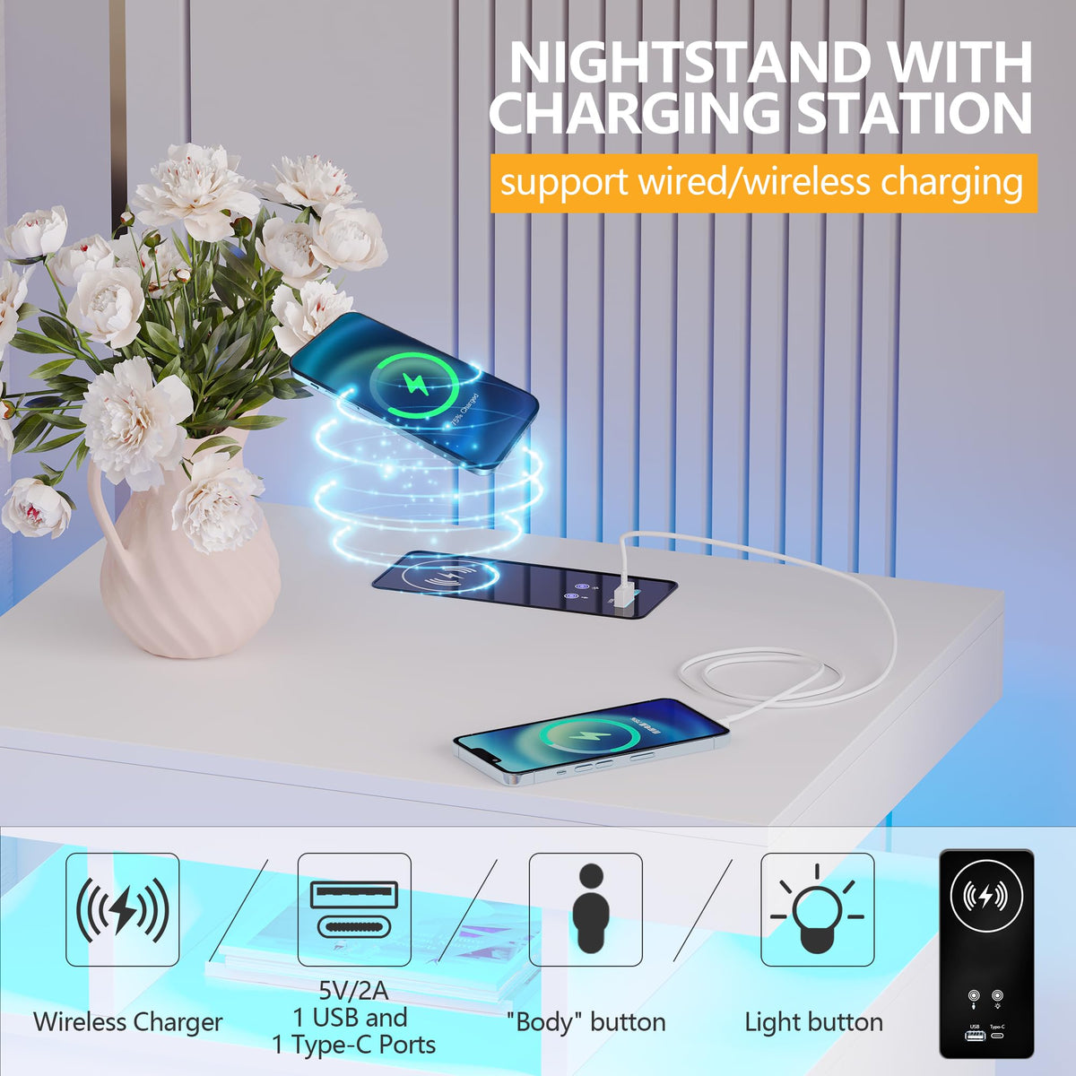 LED Nightstand with Charging Station White X2454