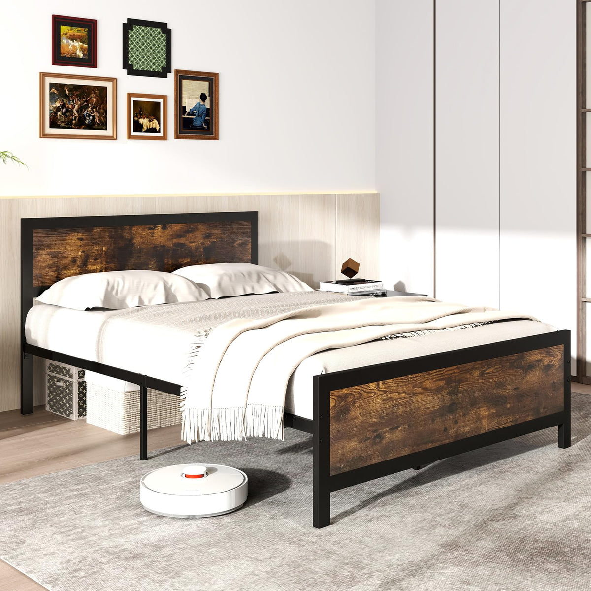 Metal Full Size Platform Bed Frame with Wood Headboard and Footboard K80863