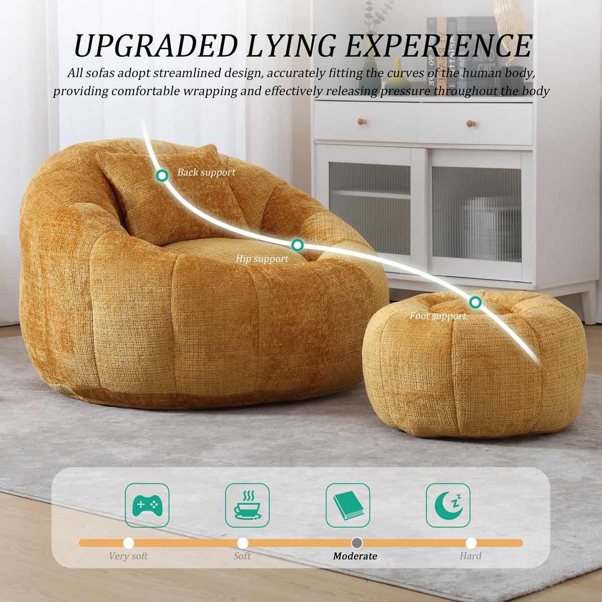 Yellow Chenille Memory Foam Bean Bag Chair with Ottoman Q9561