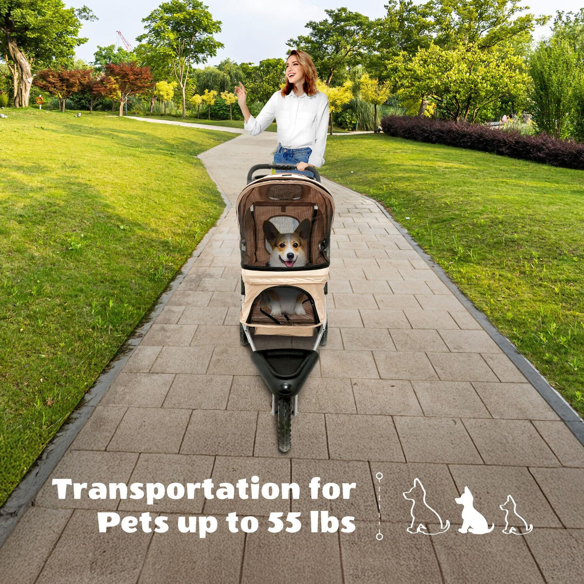 3-Wheel Dog Stroller with Storage Basket and Cup Holders, Tan P664695