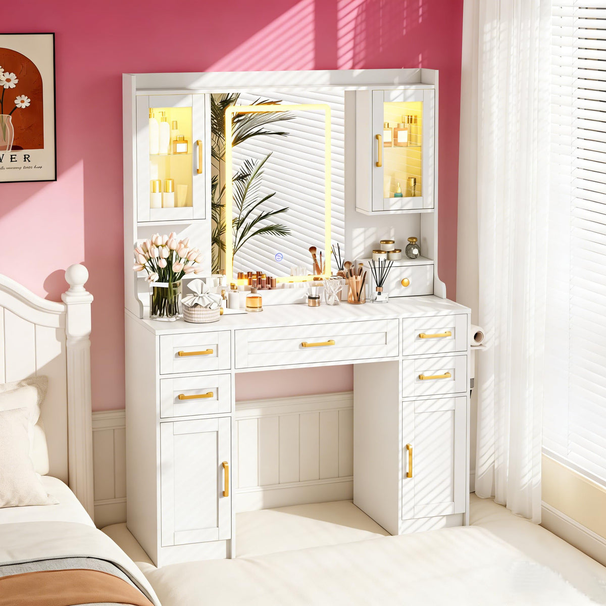 White Vanity Desk with Mirror, LED Lights and Power Outlet F112