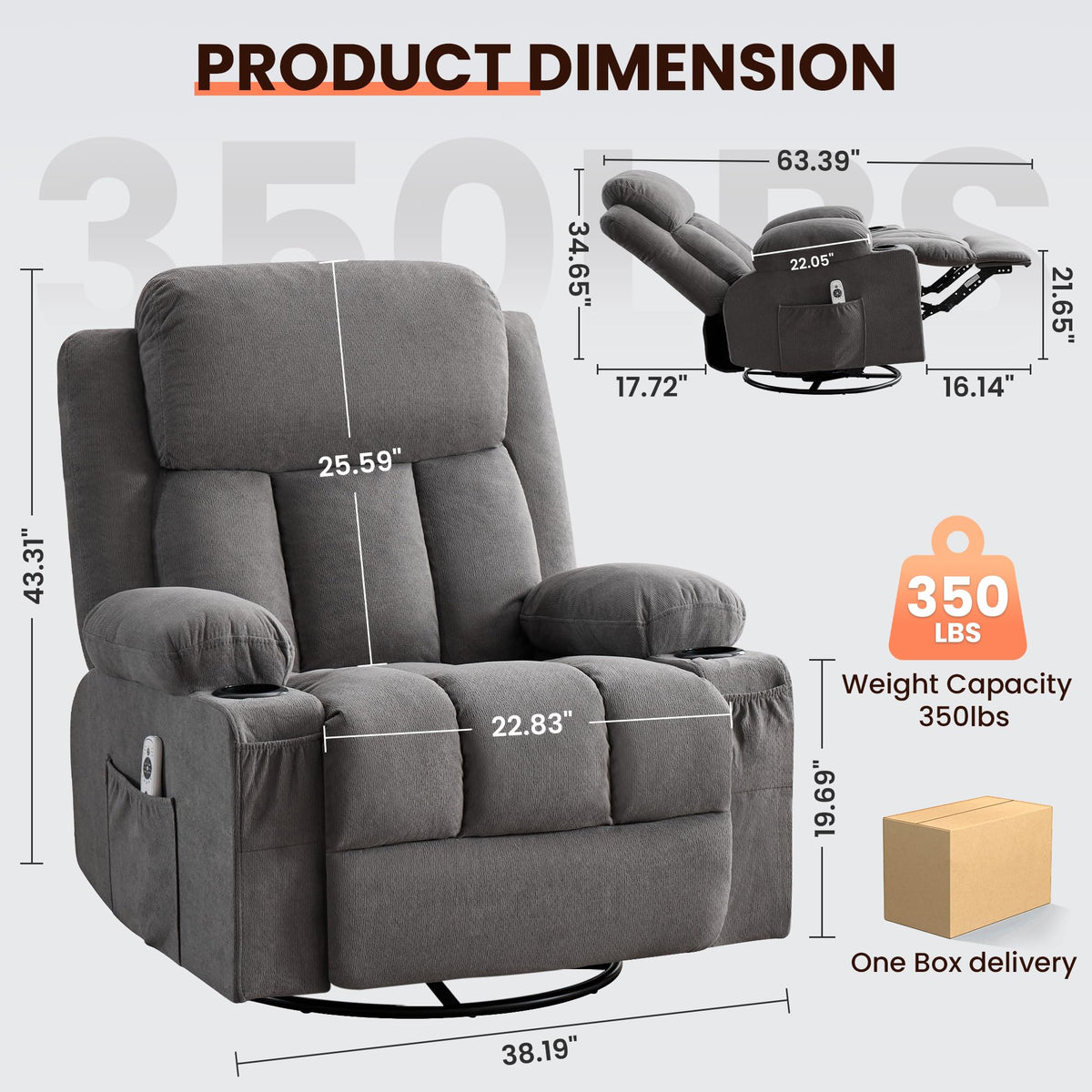 Swivel Rocker Recliner Chair with Massage and Heat V8508