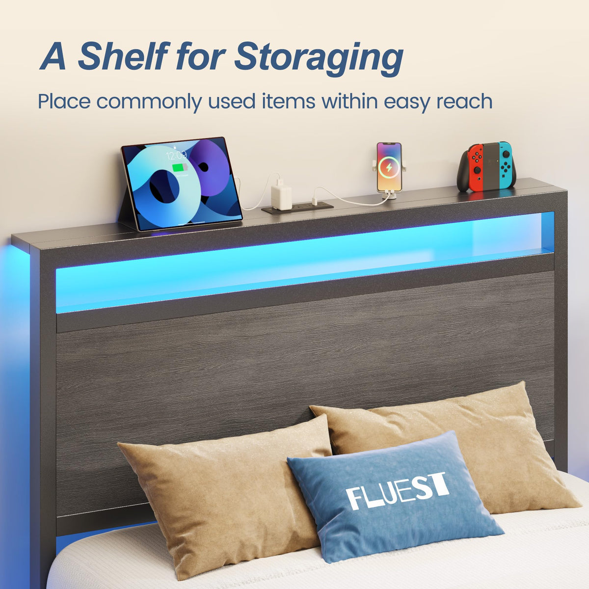 Twin Bed Frame with Headboard & Footboard, Charging Station & LED Light, Rustic Grey A49901