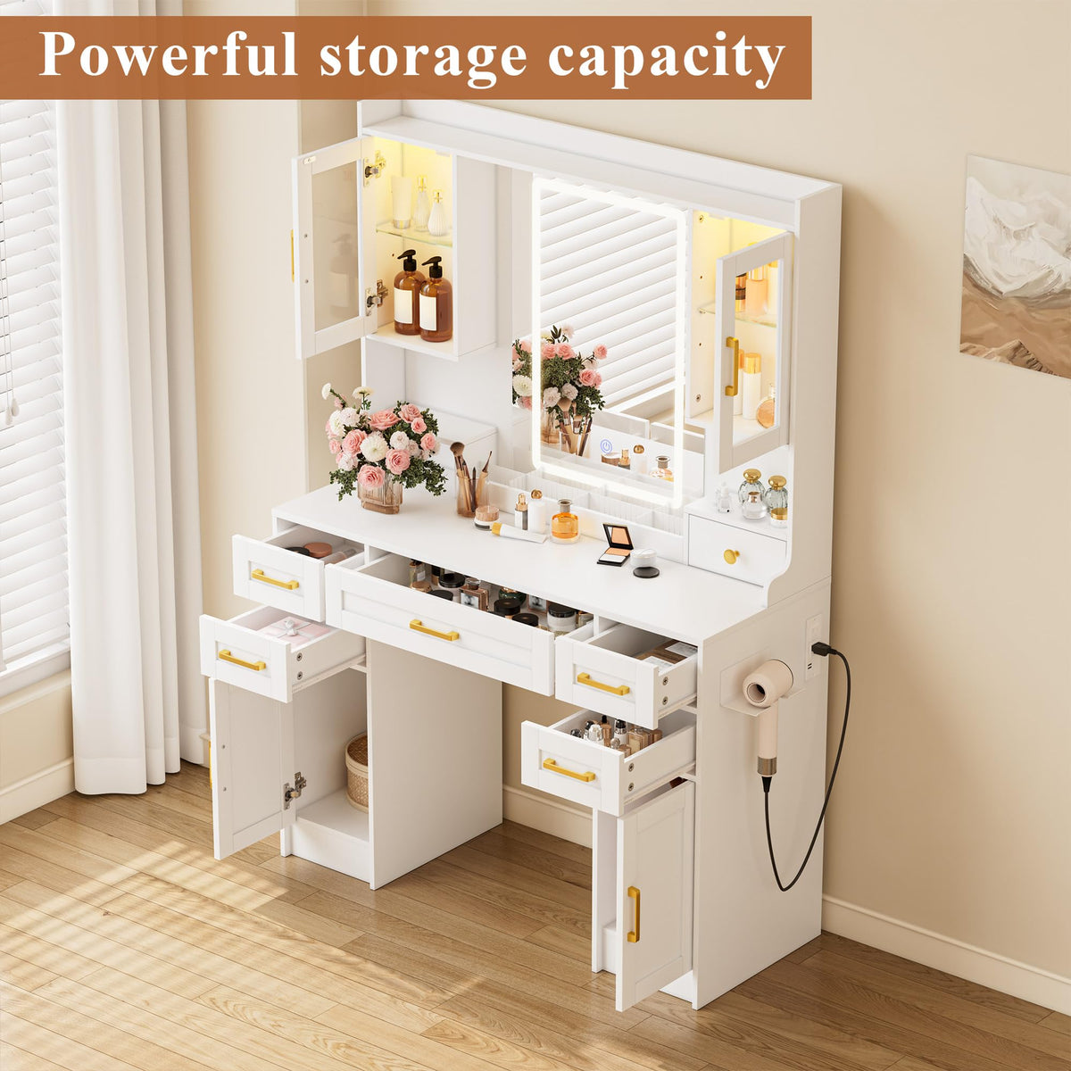 White Vanity Desk with Mirror, LED Lights and Power Outlet F112