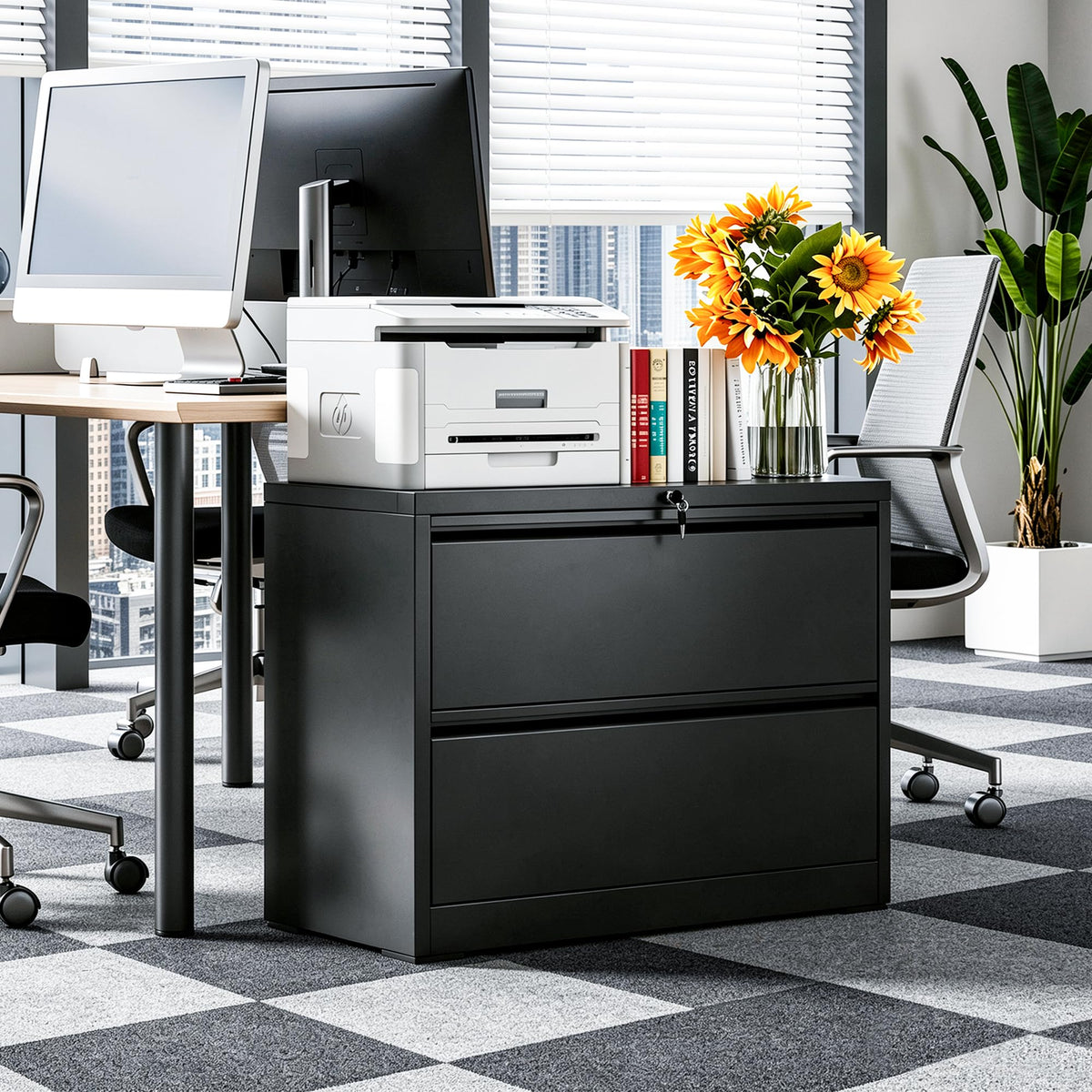 Black 2 Drawer Metal Lateral File Cabinet with Lock O79783