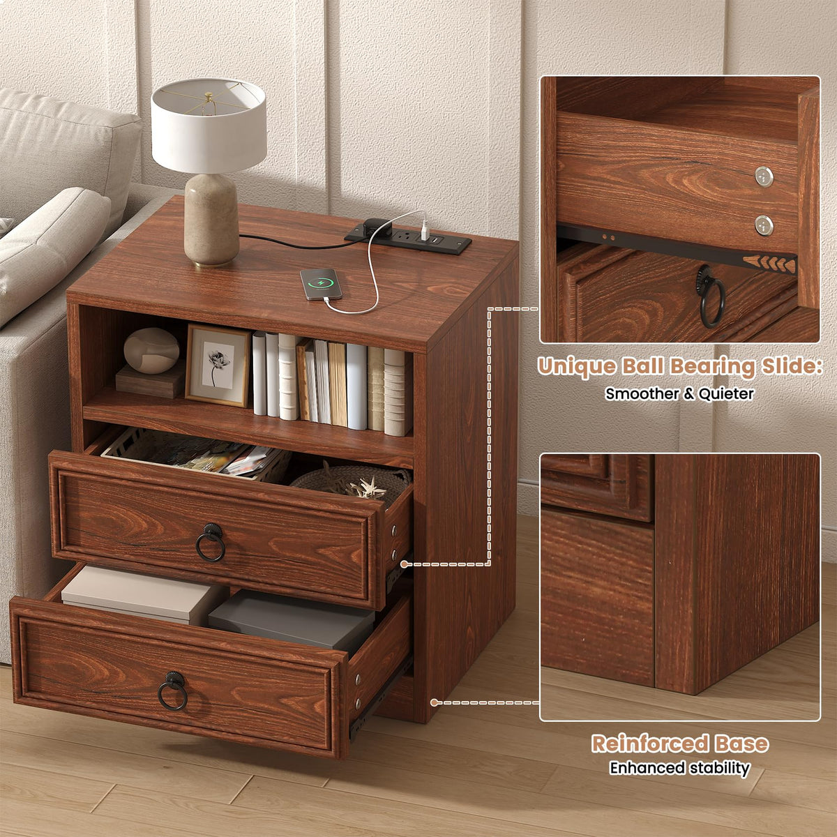 21.7" Wide Cherry Wood Nightstand with 2 Drawers J8797