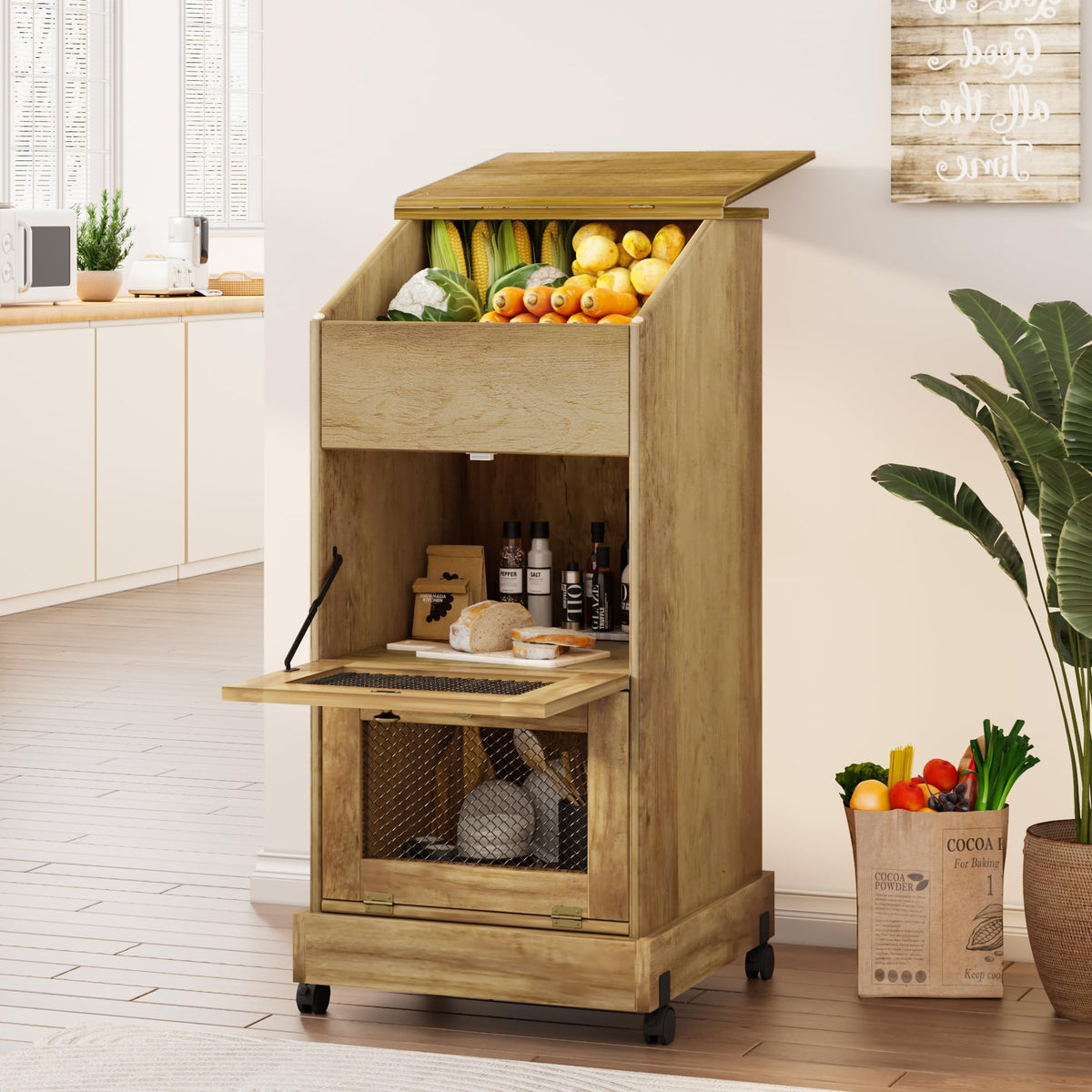 Brown Wooden Potato Storage Bin with Wheel I6791
