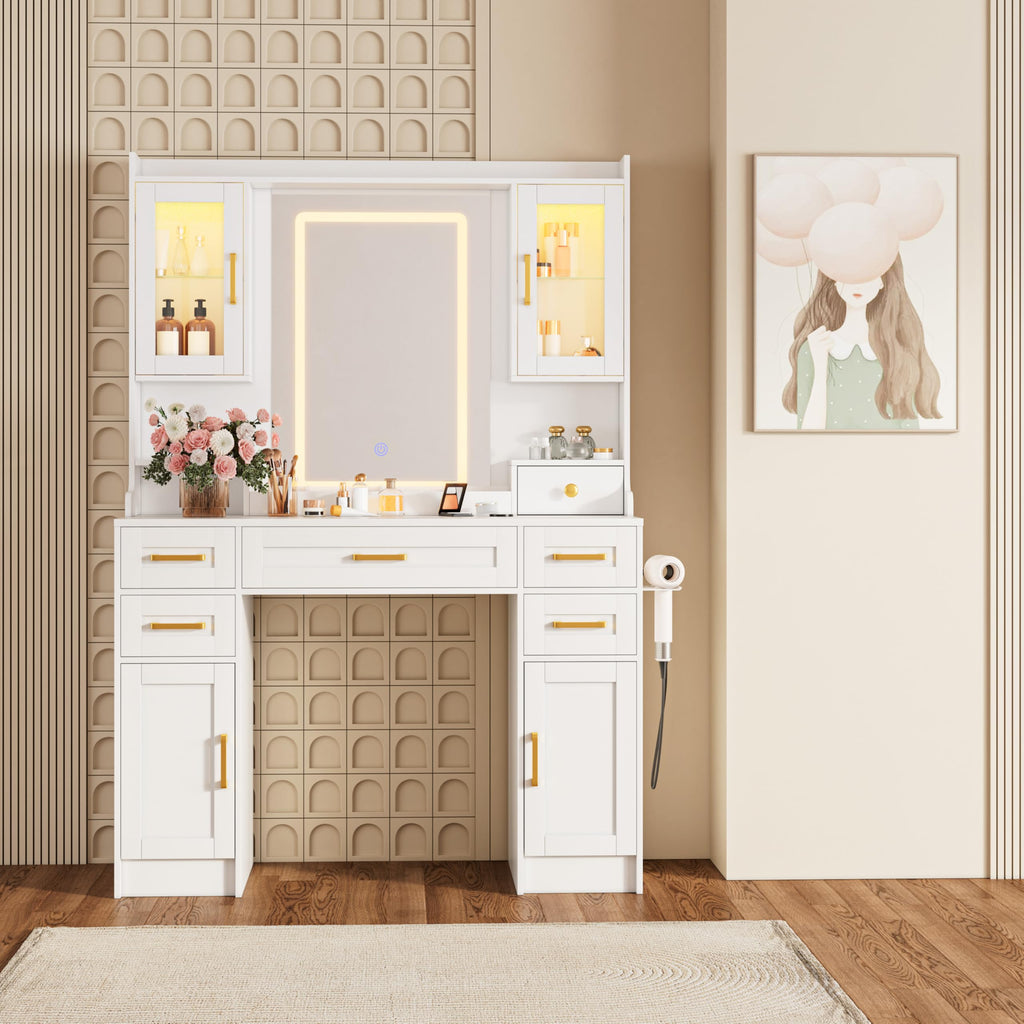 White Vanity Desk with Mirror, LED Lights and Power Outlet F112