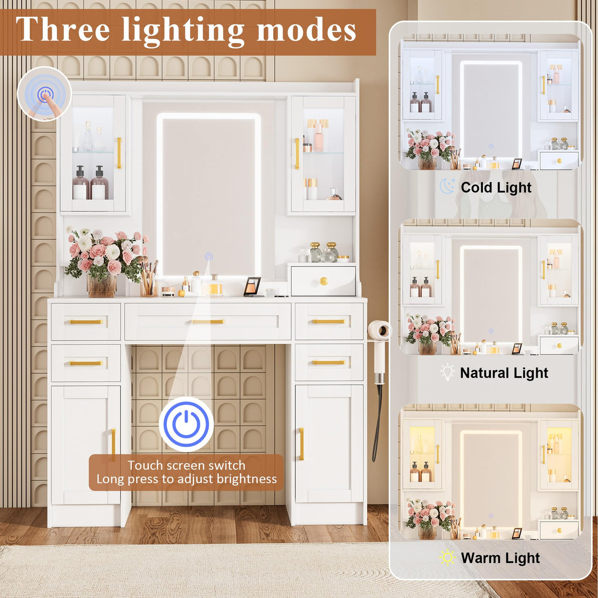White Vanity Desk with Mirror, LED Lights and Power Outlet F112