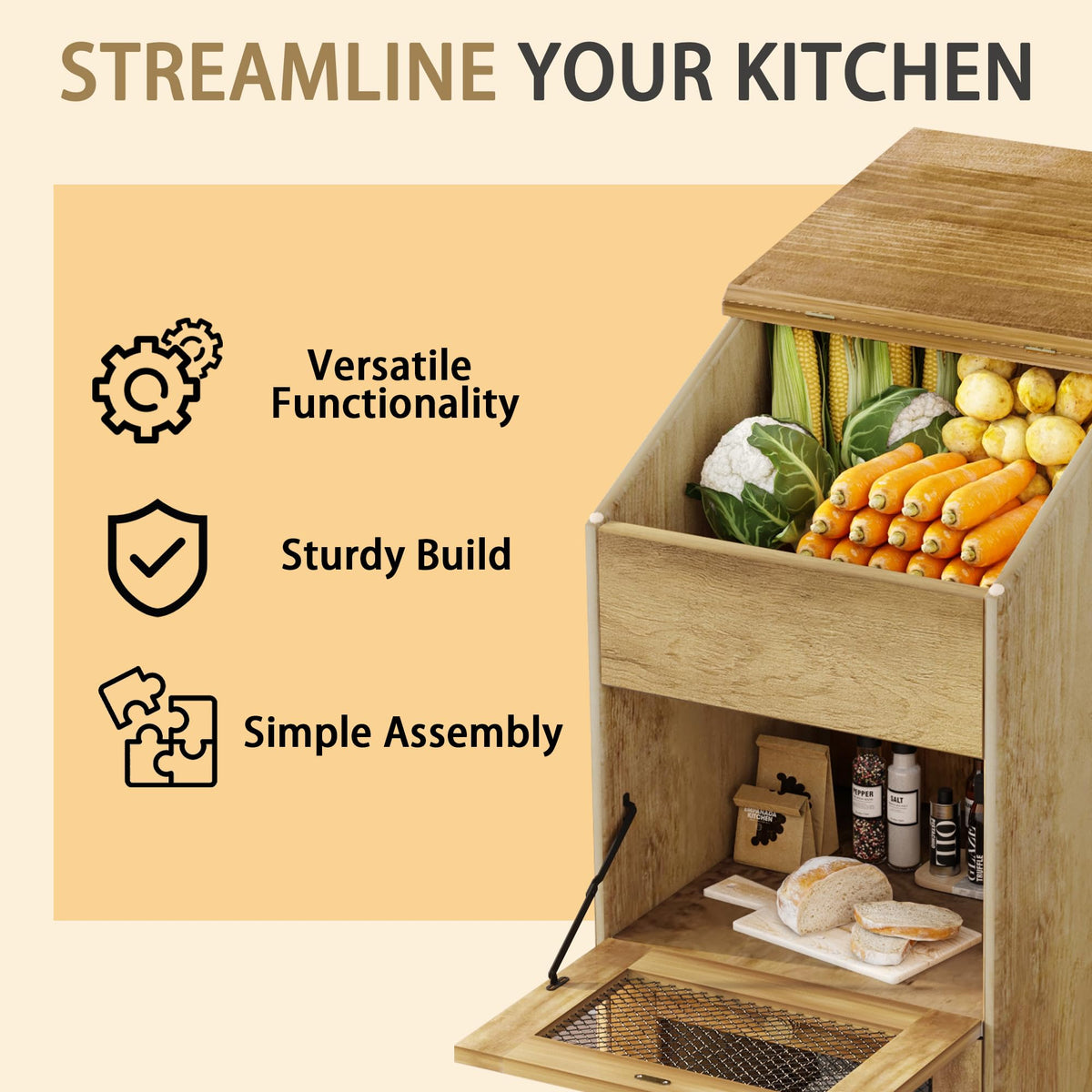 Brown Wooden Potato Storage Bin with Wheel I6791