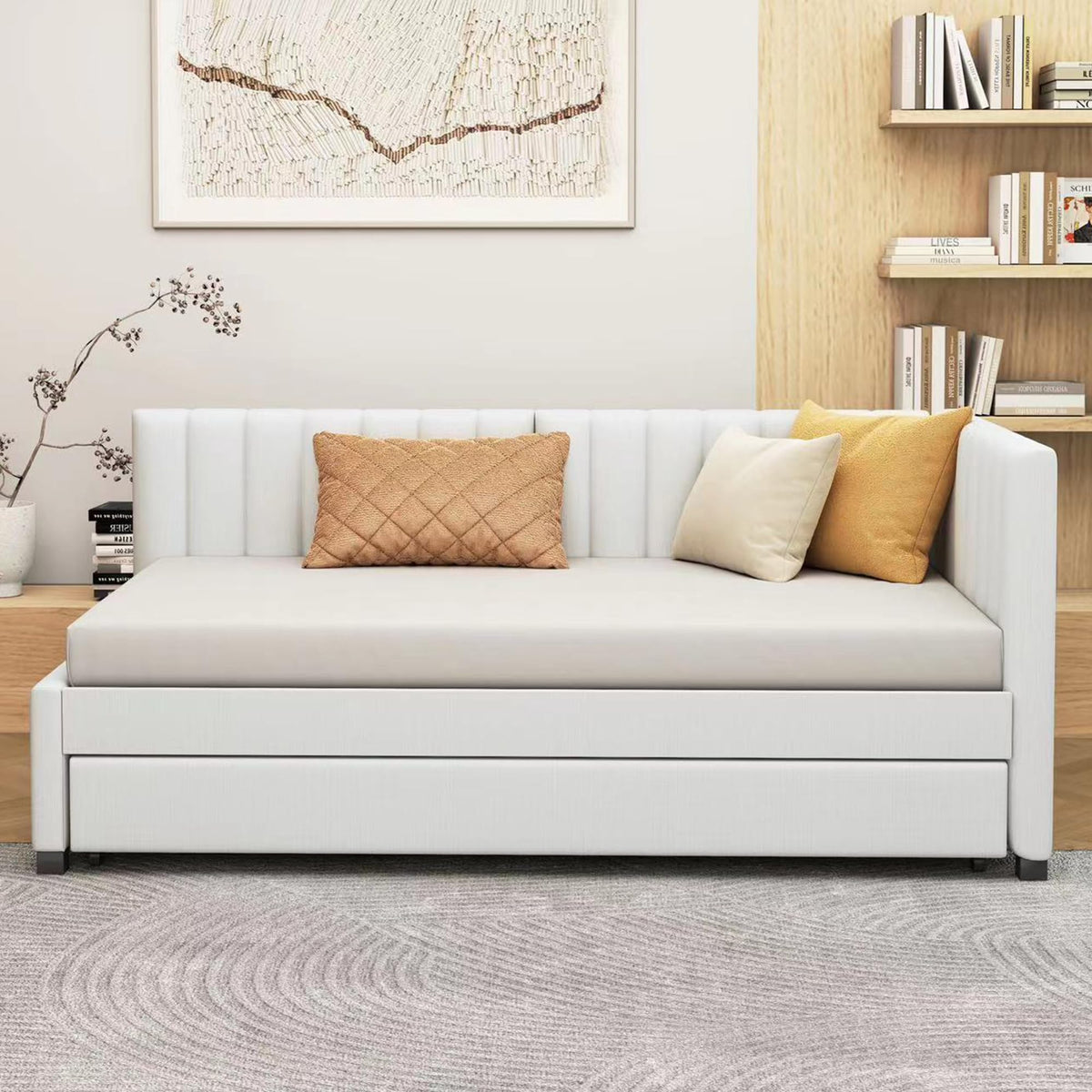 Upholstered Twin Daybed with Trundle, Linen Fabric, Beige P822608