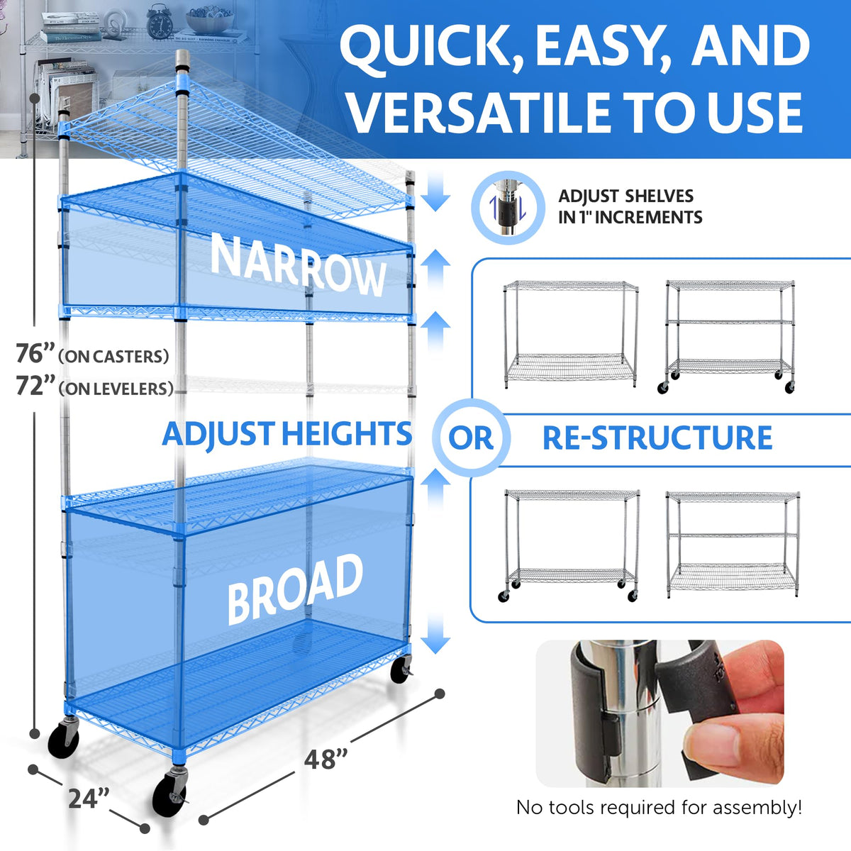 Heavy Duty 5-Tier Chrome Wire Shelving Rack with Casters M363663