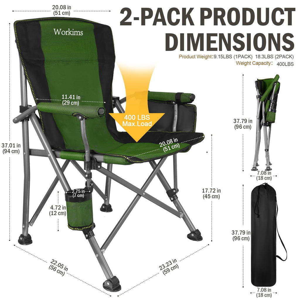 2 Pack Green Folding Camping Chair with Cup Holder and Storage Bag B964027
