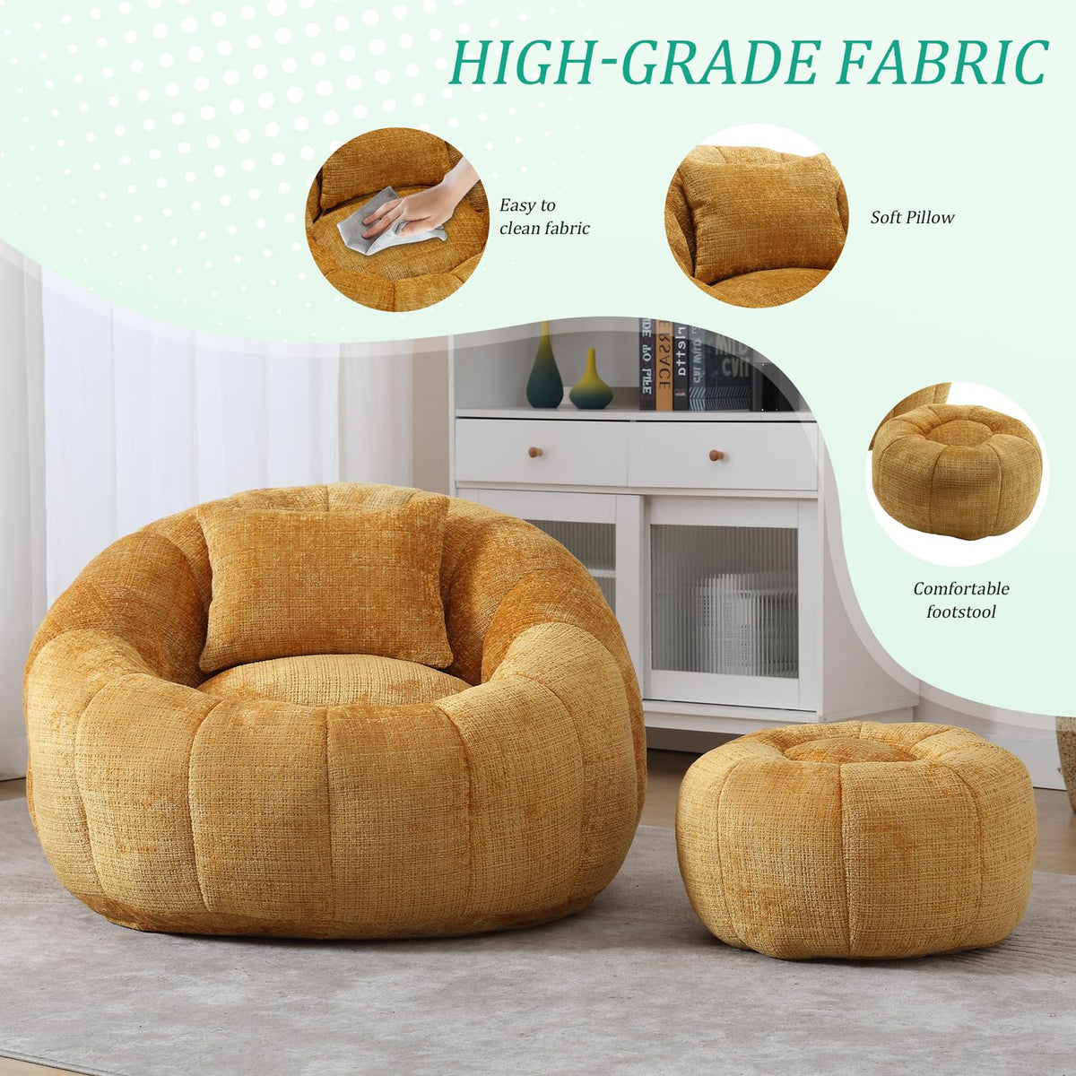 Yellow Chenille Memory Foam Bean Bag Chair with Ottoman Q9561