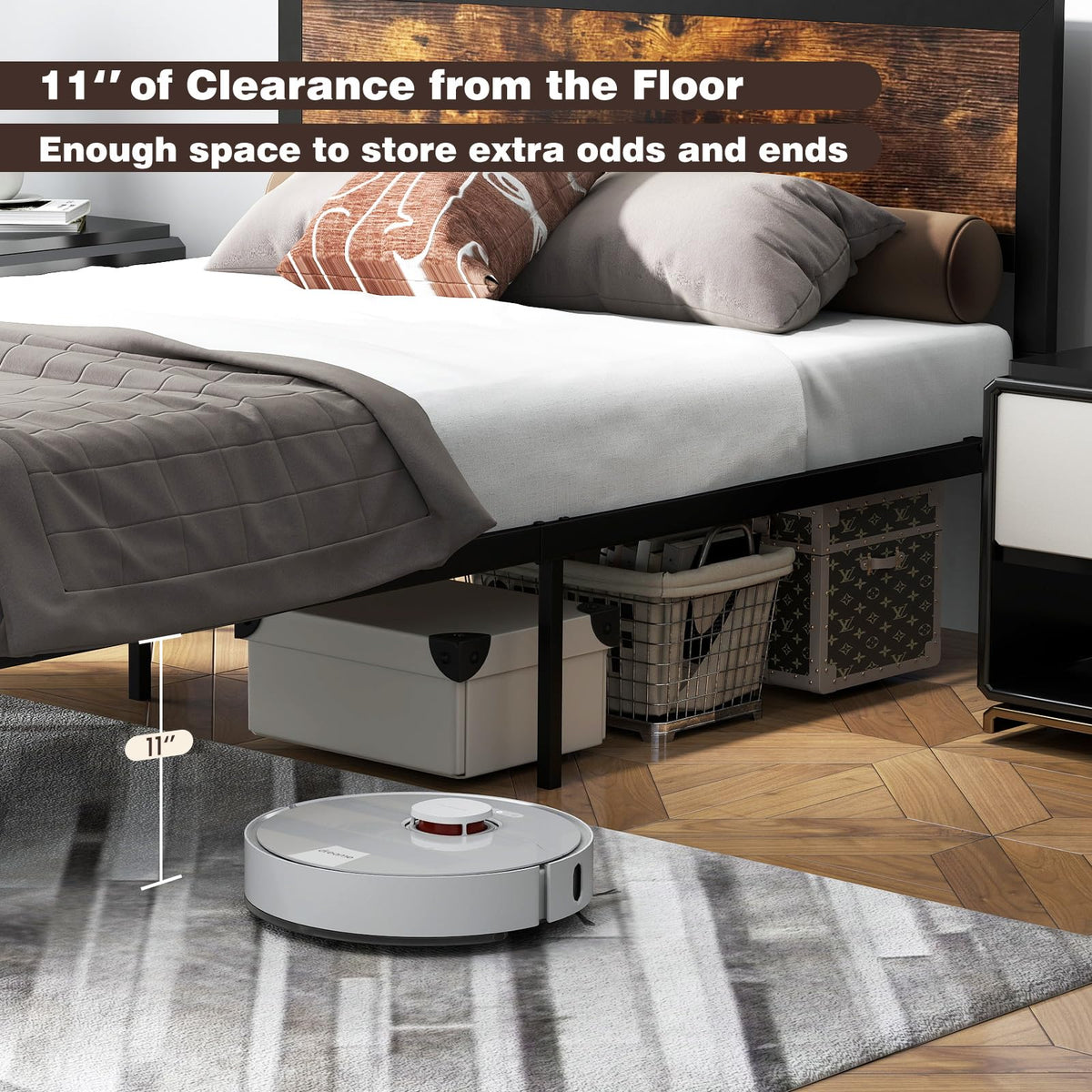 Metal Full Size Platform Bed Frame with Wood Headboard and Footboard K80863