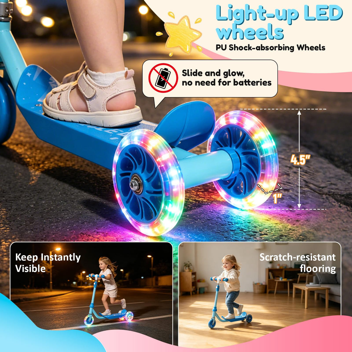 Three Wheel Scooter for Kids 2-5, Light Up Adjustable Height Kick Scooter D4717