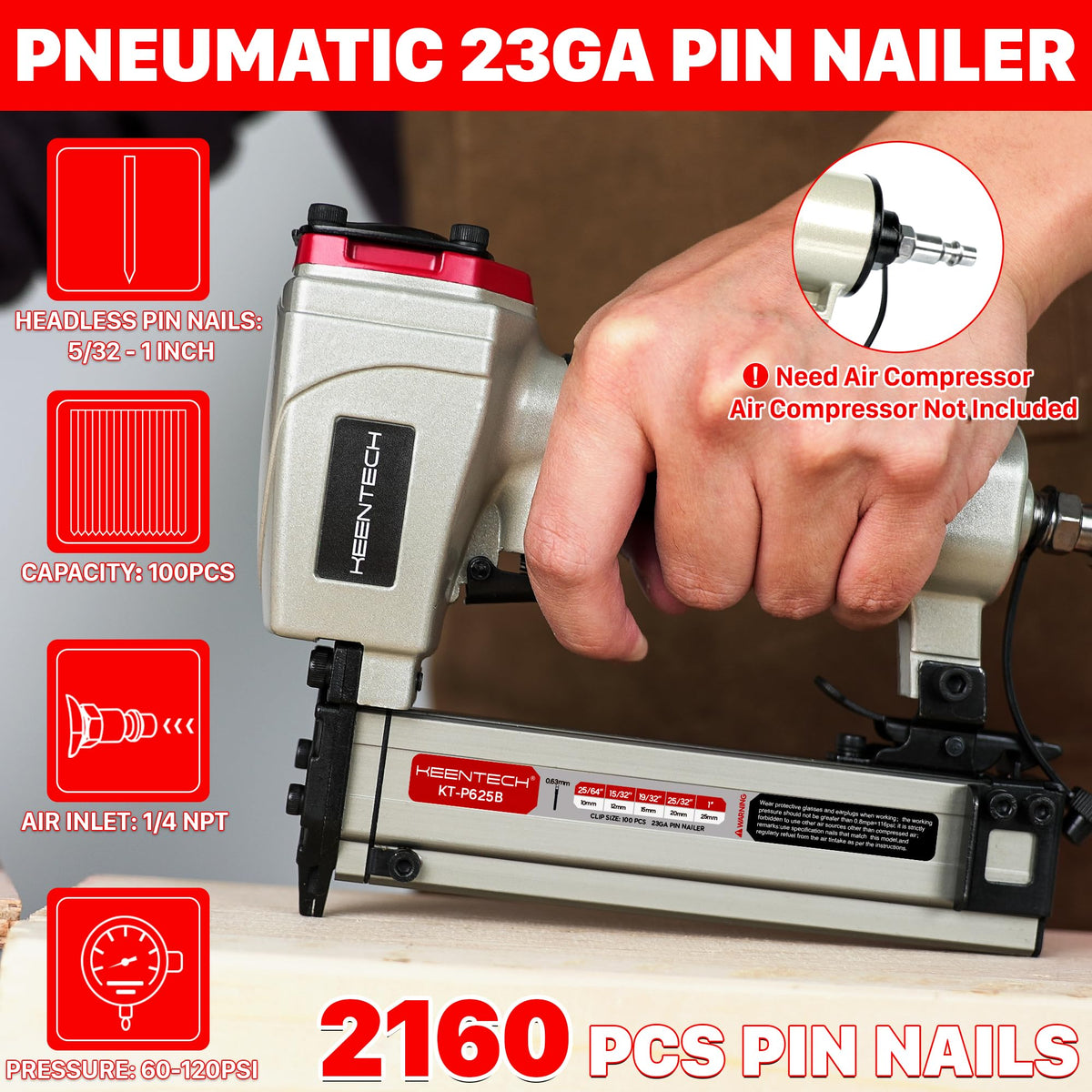 Pneumatic Pin Nailer 23 Gauge with 2160pcs Pin Nails C43265