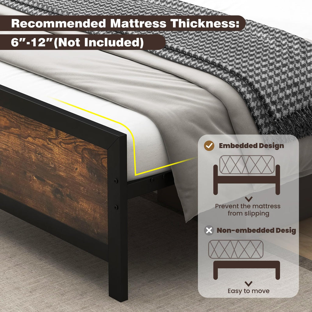 Metal Full Size Platform Bed Frame with Wood Headboard and Footboard K80863