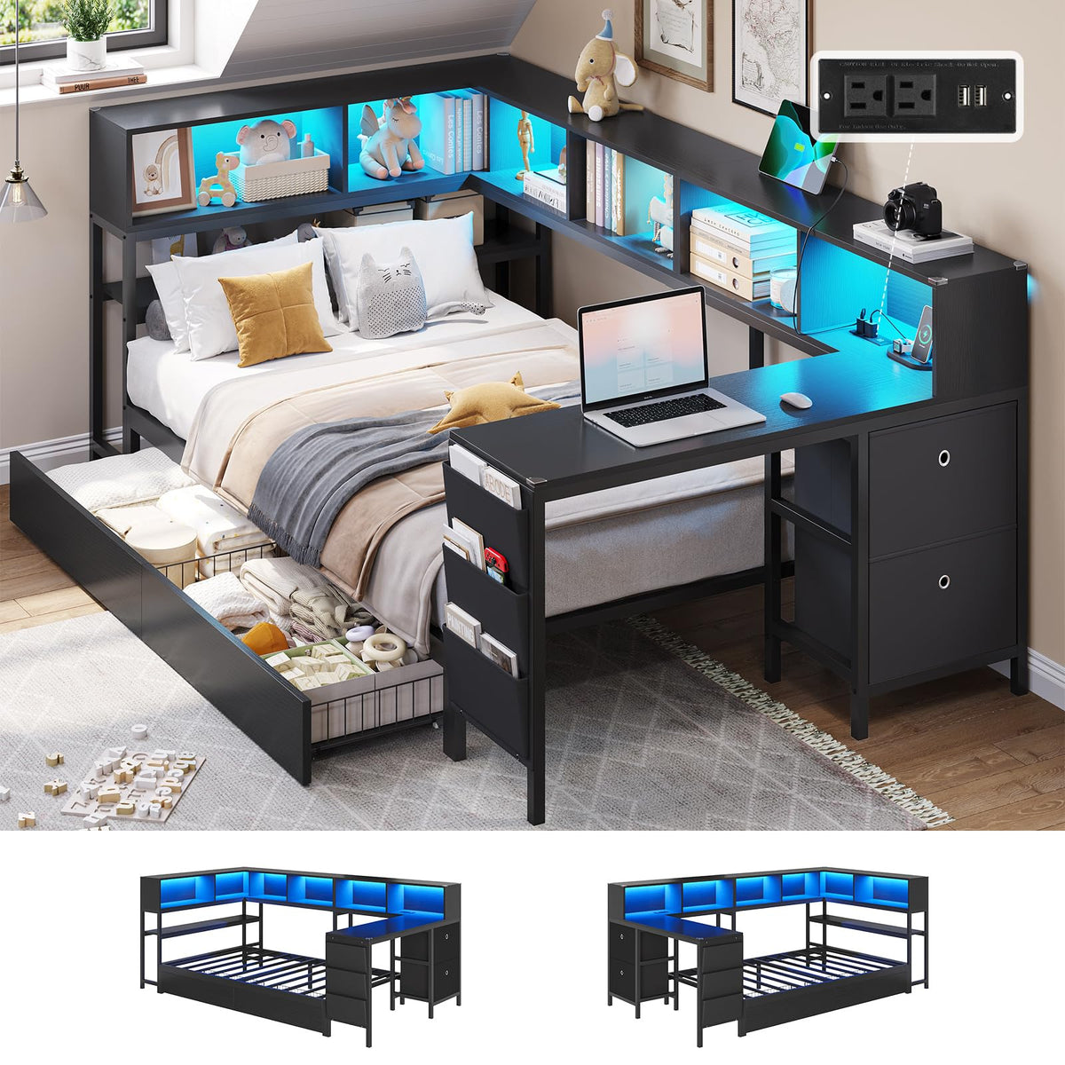 Black Twin Size Corner Bed Frame with Desk and Storage A2346