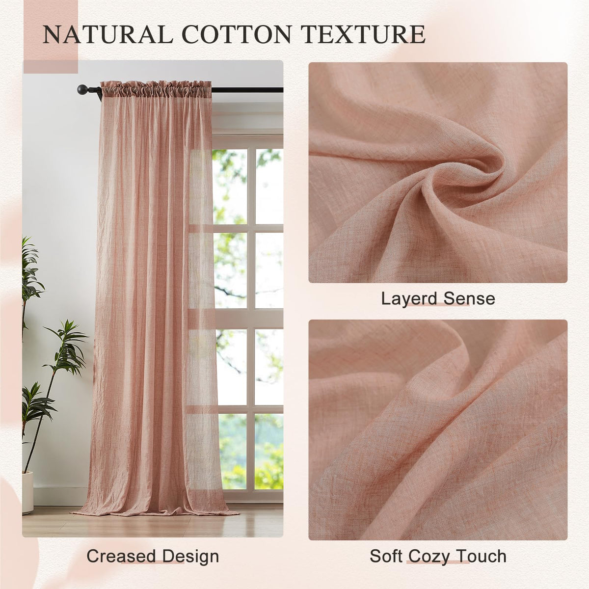 Blush Pink Sheer Cotton Linen Curtains 2 Panels T60822