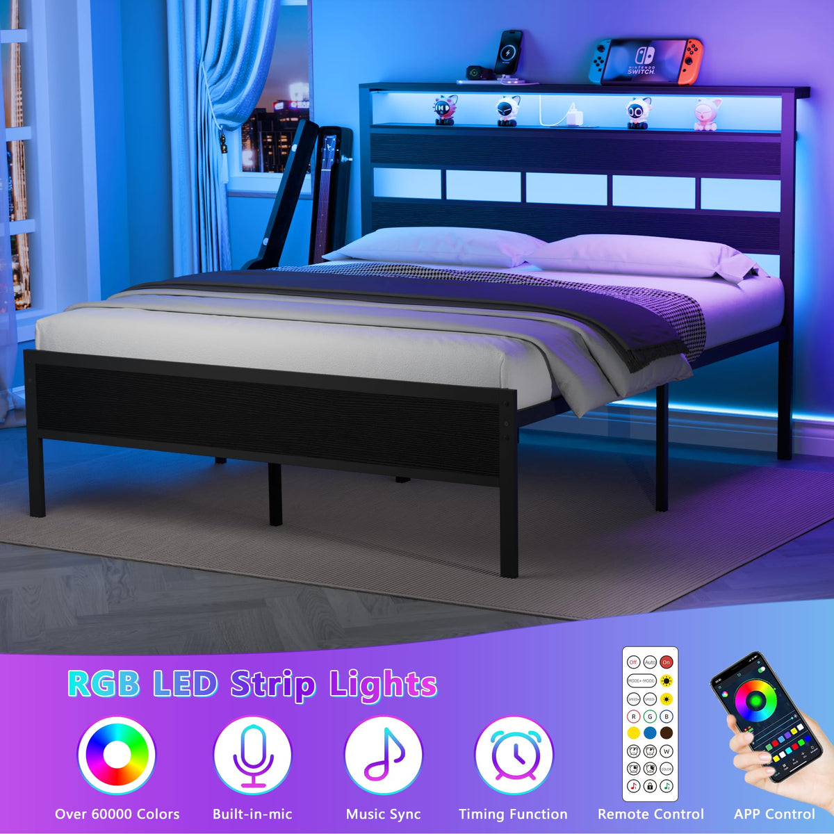 Queen Bed Frame with Storage Headboard and LED Lights J62718