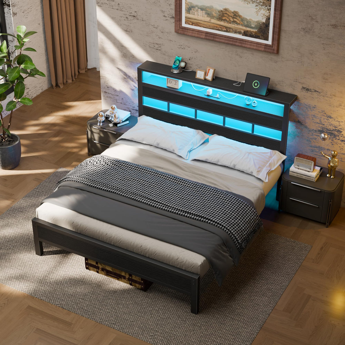 Queen Bed Frame with Storage Headboard and LED Lights J62718