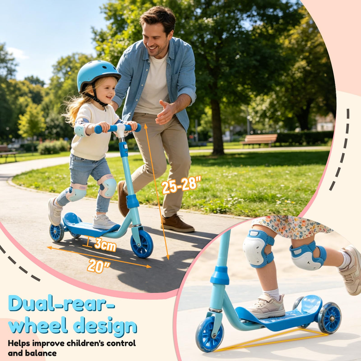 Three Wheel Scooter for Kids 2-5, Light Up Adjustable Height Kick Scooter D4717