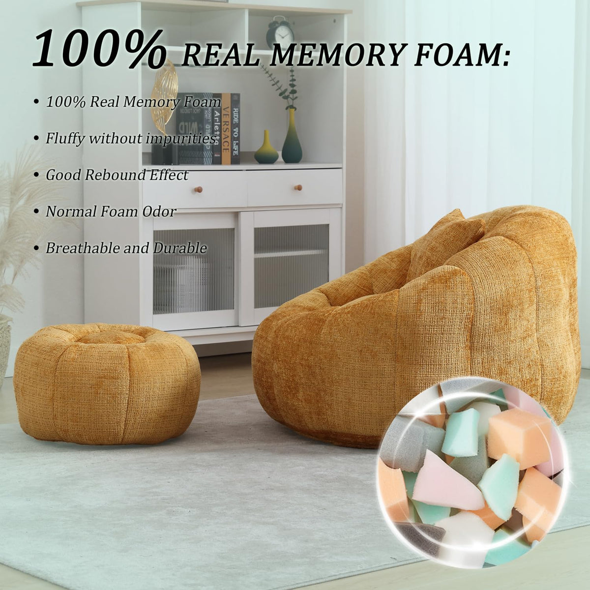Yellow Chenille Memory Foam Bean Bag Chair with Ottoman Q9561