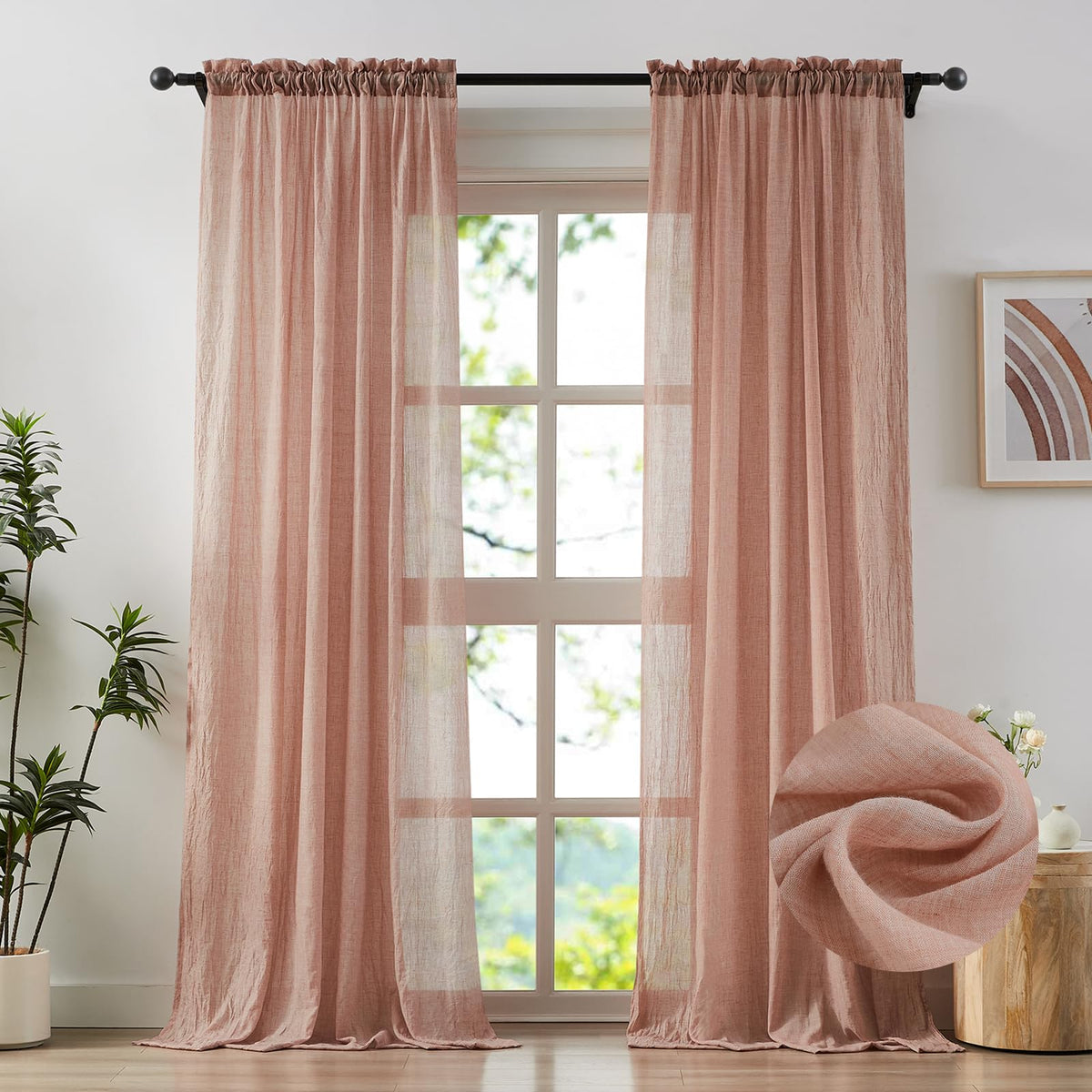 Blush Pink Sheer Cotton Linen Curtains 2 Panels T60822