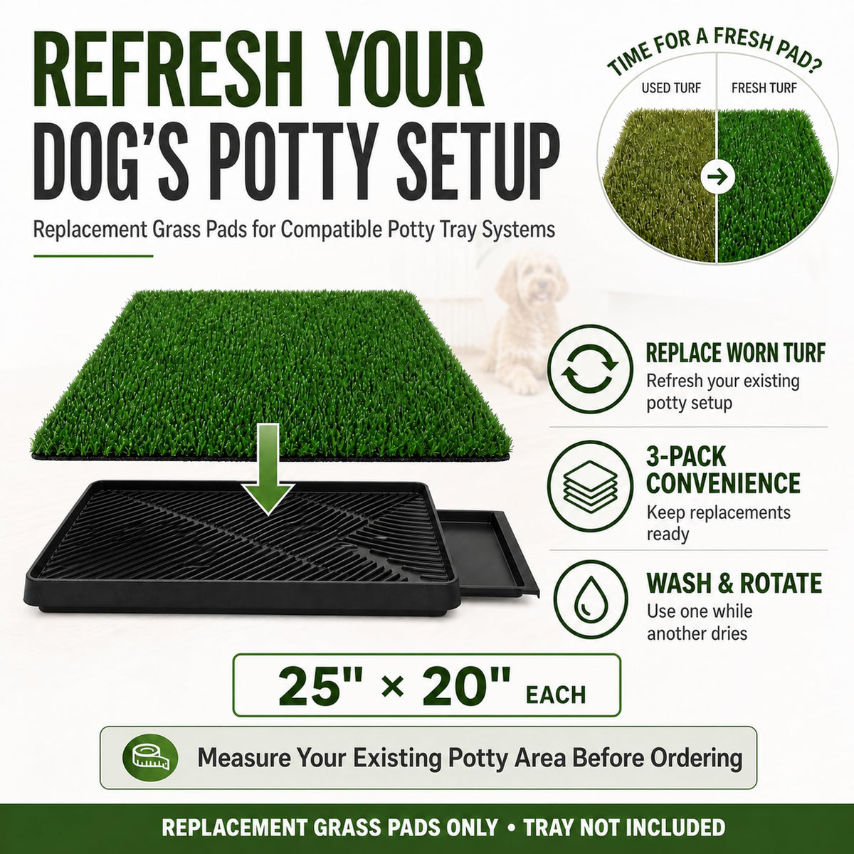 Dog Potty Grass Pads, 3 Pack, 25 x 20 in Replacement Turf T850499