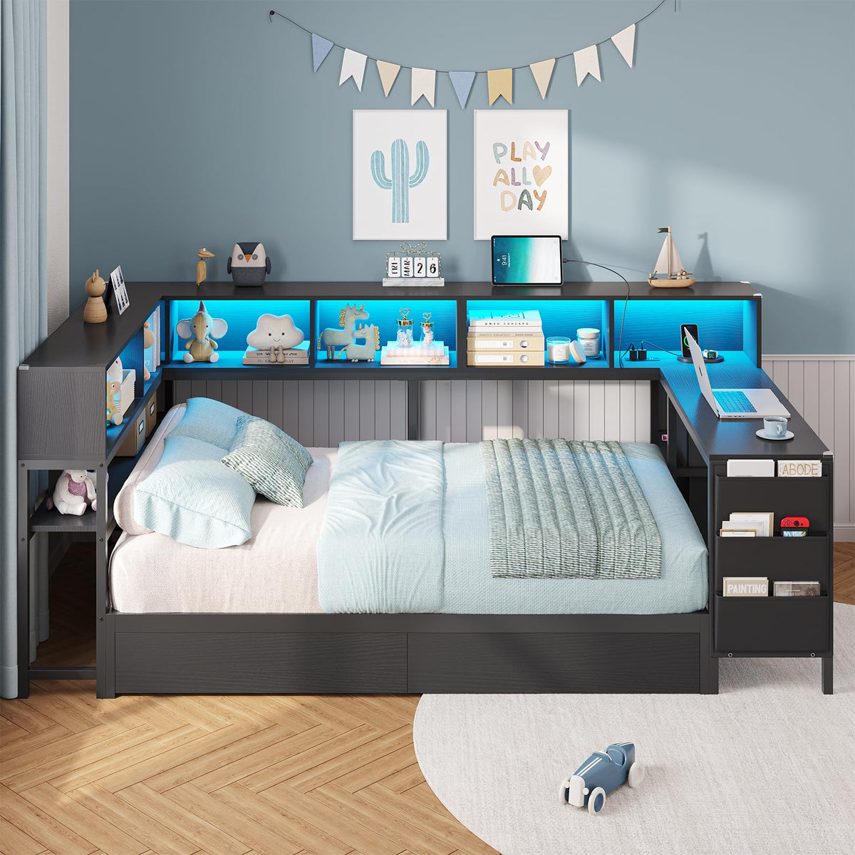 Black Twin Size Corner Bed Frame with Desk and Storage A2346