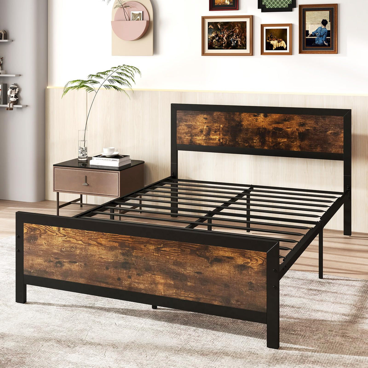 Metal Full Size Platform Bed Frame with Wood Headboard and Footboard K80863