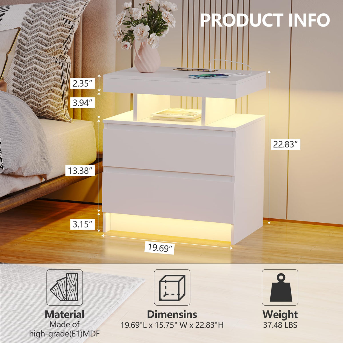 LED Nightstand with Charging Station White X2454