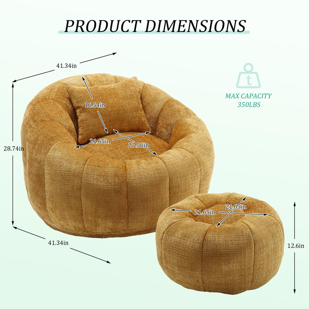 Yellow Chenille Memory Foam Bean Bag Chair with Ottoman Q9561