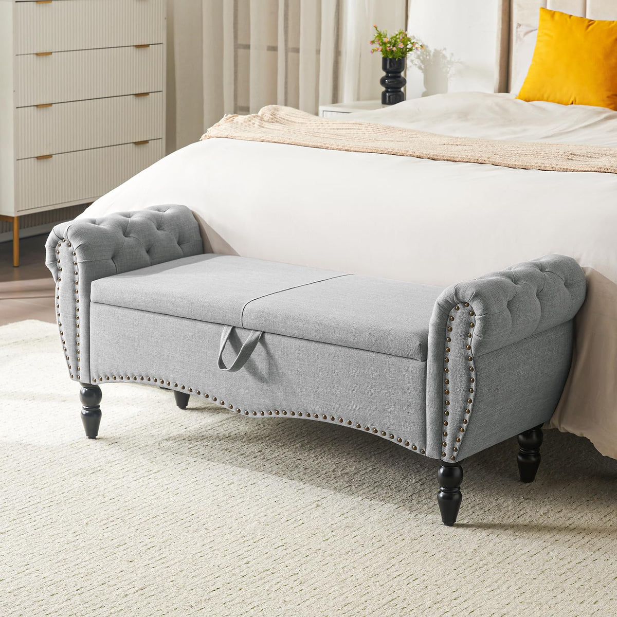 Grey Linen Upholstered Storage Bench with Wood Legs S102