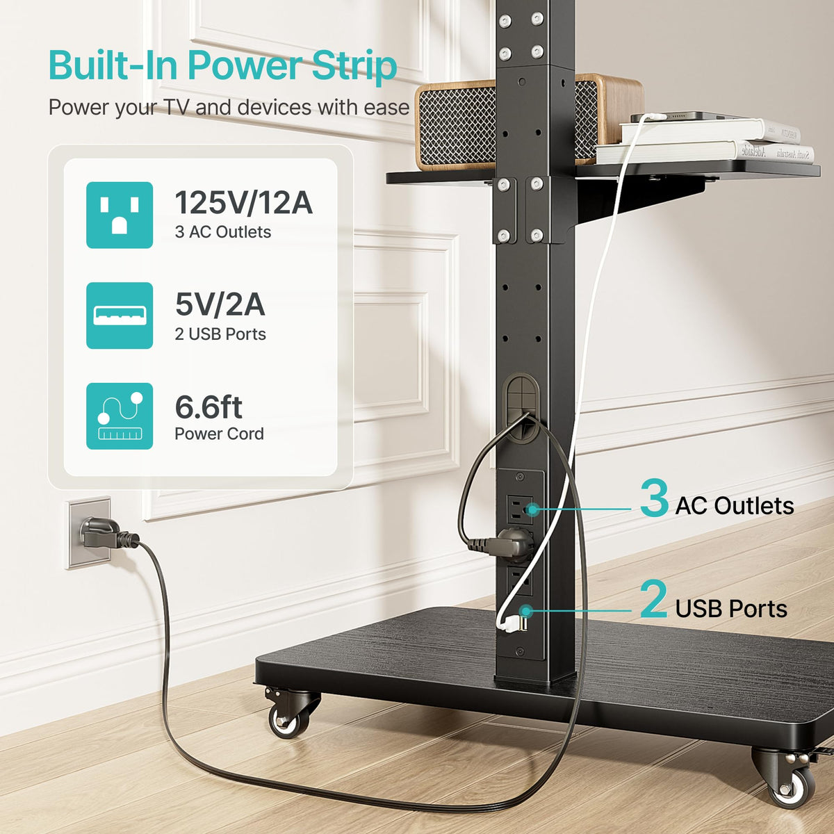 Rolling TV Stand with Power Outlet for 32-75 Inch TVs Y2910